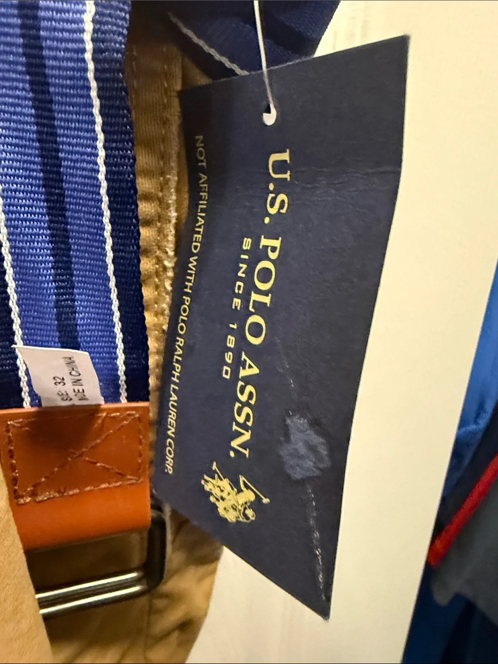 U.S. Polo Assn. Tan Cotton Chino Shorts with Blue Striped Belt